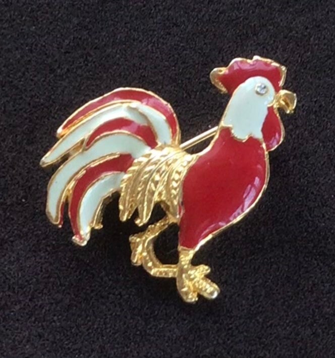 Roter, Weißer Emaille Hahn Pin, Brosche, Bauernhof, Vogel, Vintage, Goldton | Ab15 von Beadazzle27