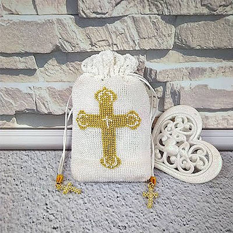 Erstkommunion Tasche Weißer Gehäkelter Perlenbeutel, Goldkreuz von BeadedArtistryOK