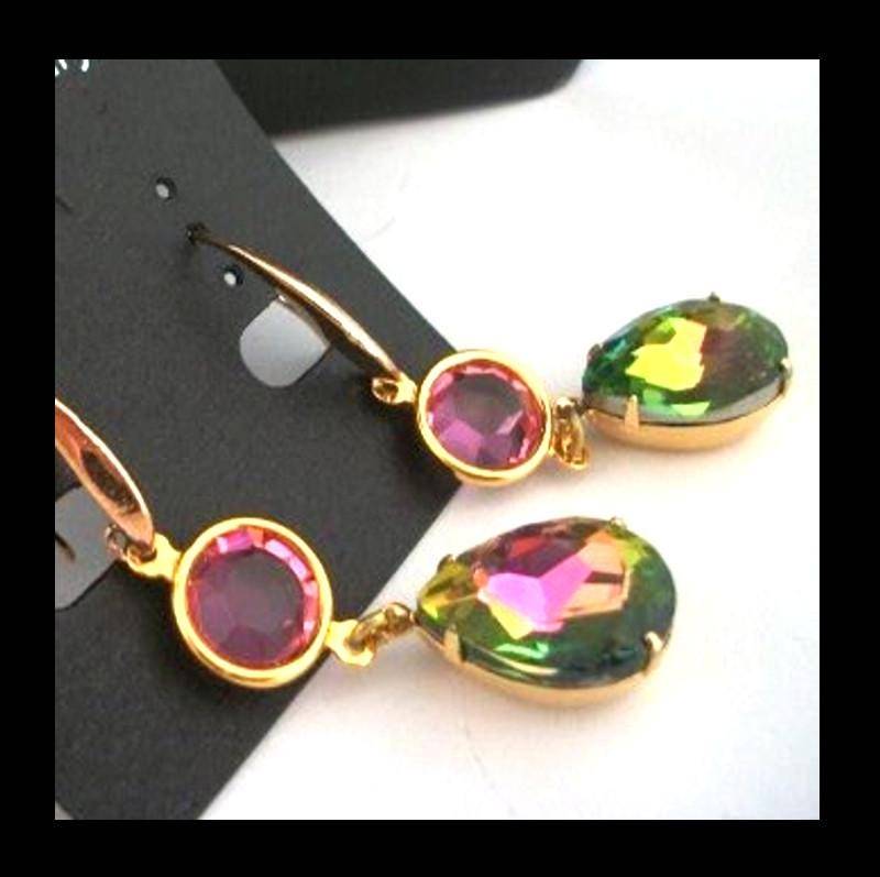 Designer Handgefertigte Swarovski Channel Vitrail Wassermelone Tropfen Ohrringe 18x13 von BeadsAloft