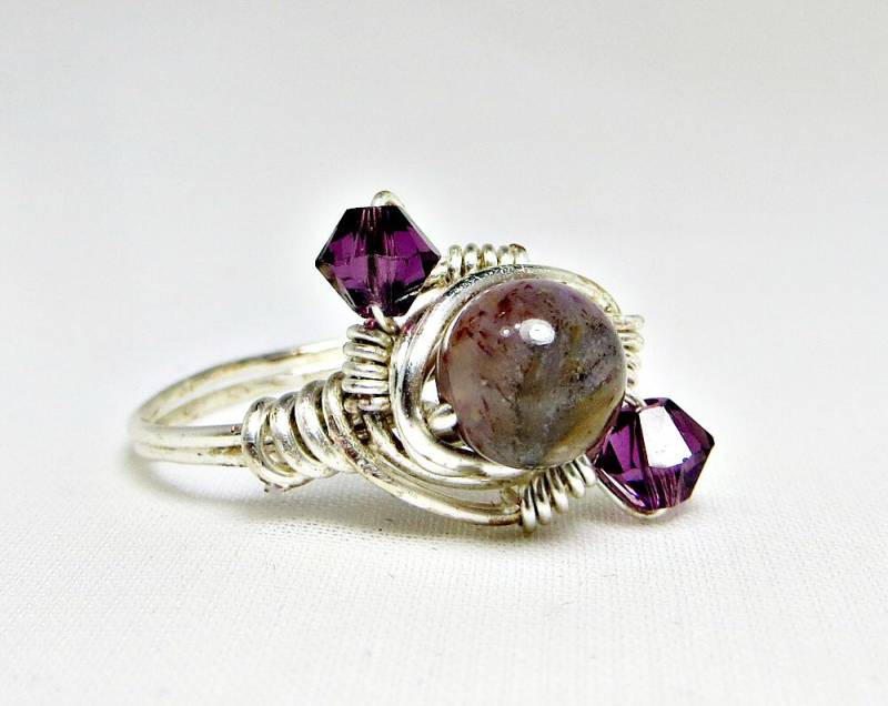 Lila Jaspis Mit Swarovski Bicone Kristallen Silber Draht Gewickelt Ring von BeadsGalore2