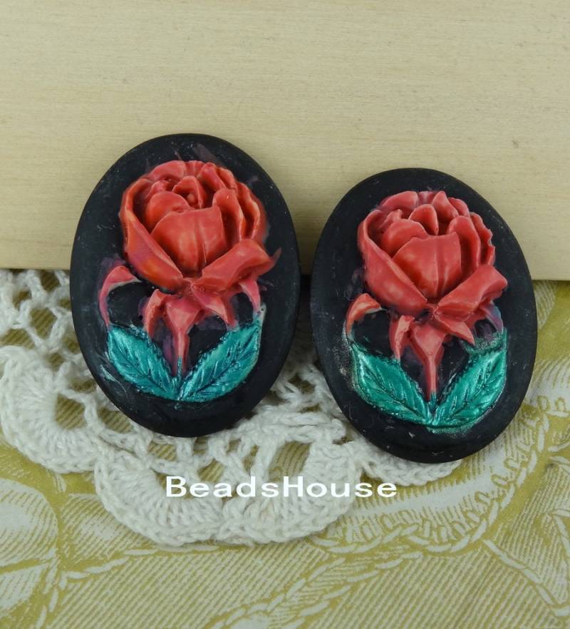 2 Stück | 30 X 40mmHandbedruckte Metallie Hübsche Blumen Cameo, Schwarz Rot, Schwarz/Marineblau von BeadsHouse