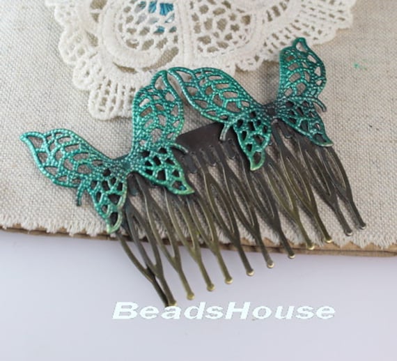 2 Stück Grünspan Patina Blauer Doppelter Schmetterling Mit 12Pin Haarkämmen, Nickelfrei von BeadsHouse