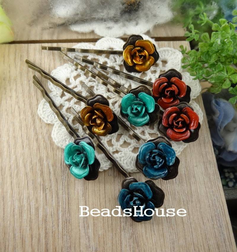 20% Off - 6 Stück Hand-Paint Hiar Clip Bunte Antik Messing Haarspange W/15mm Rose, Nickelfrei von BeadsHouse