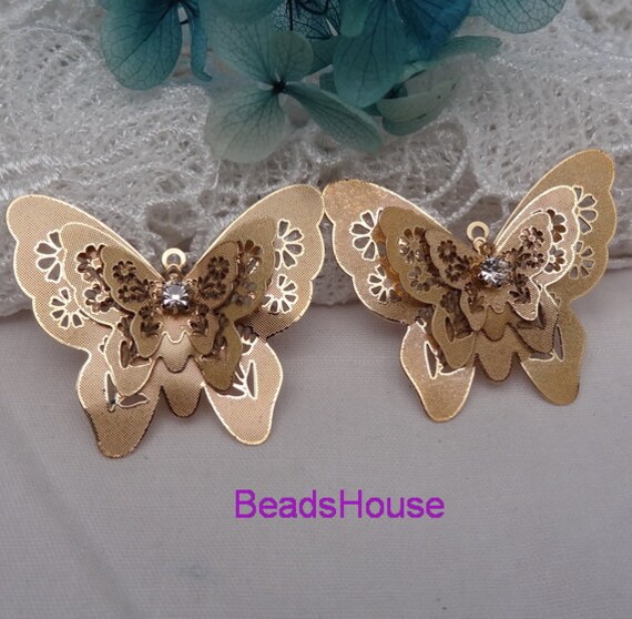 Roher Messing Schmetterling Anhänger Mit Kristall 3-Lagiger | 23 X 45 Mm - 4stk von BeadsHouse