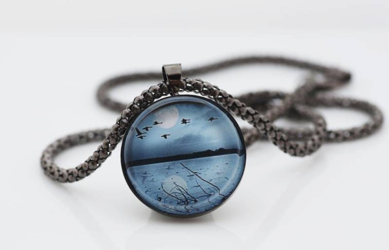 Blauer Himmel Und See-Halskette, Rotguss Schwarz, Kunstdruck, Foto Schmuck von BeadsMe