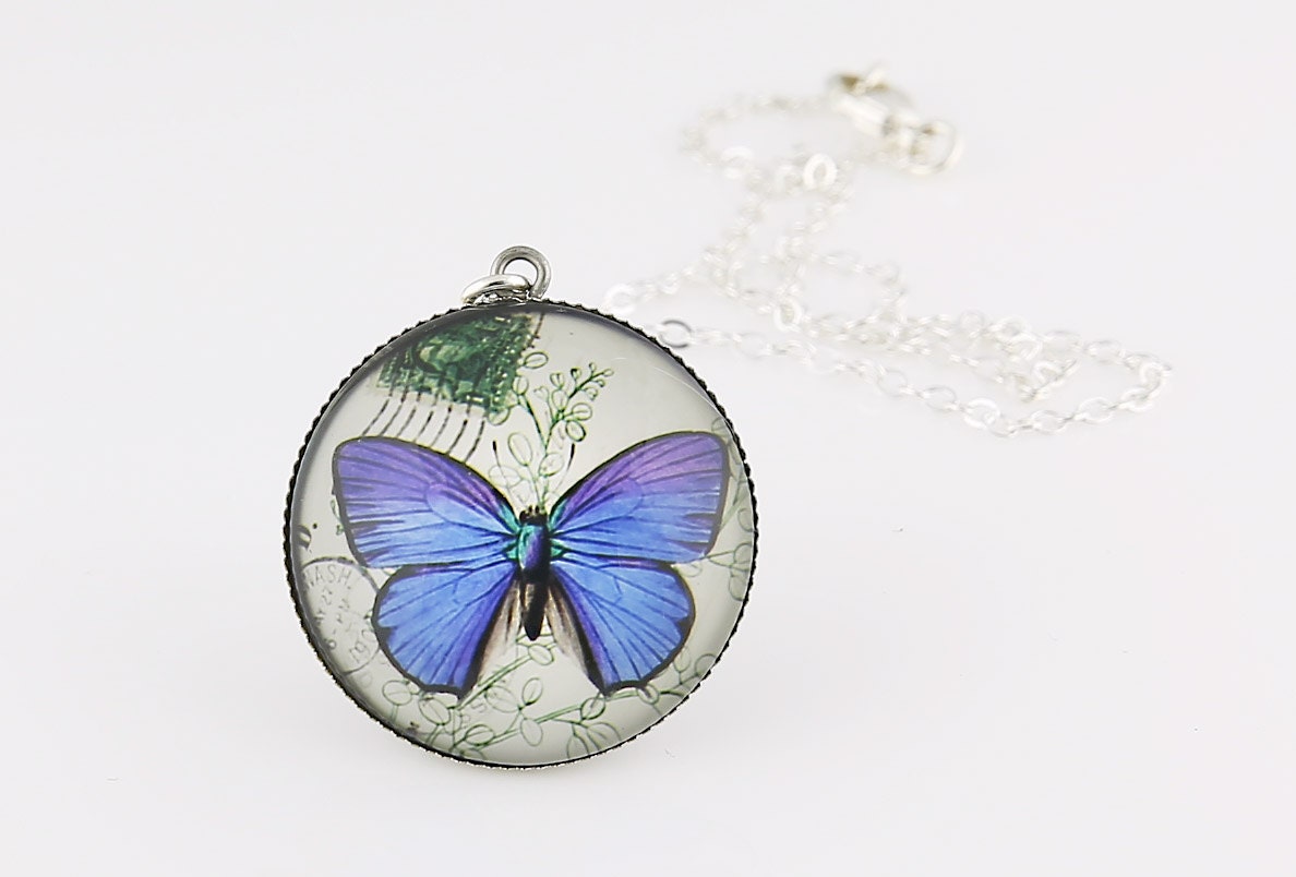Blauer Schmetterling Halskette, Kunstdruck, Bild Schmuck, Natur Halskette von BeadsMe