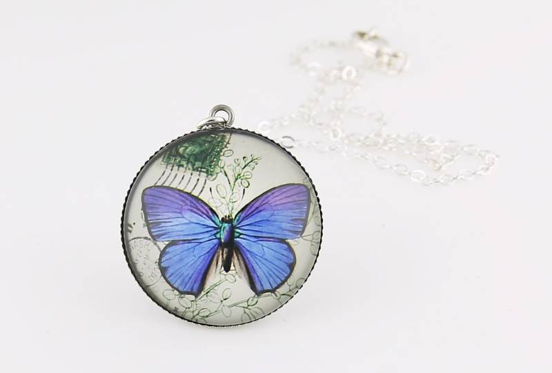 Blauer Schmetterling Halskette, Kunstdruck, Bild Schmuck, Natur Halskette von BeadsMe