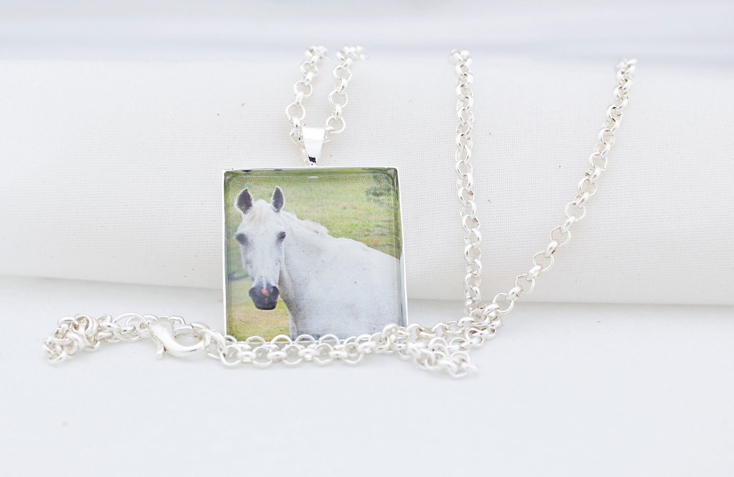 Weißes Pferd Halskette, Glänzend Silber, Fotografie, Foto-Schmuck, Foto von BeadsMe