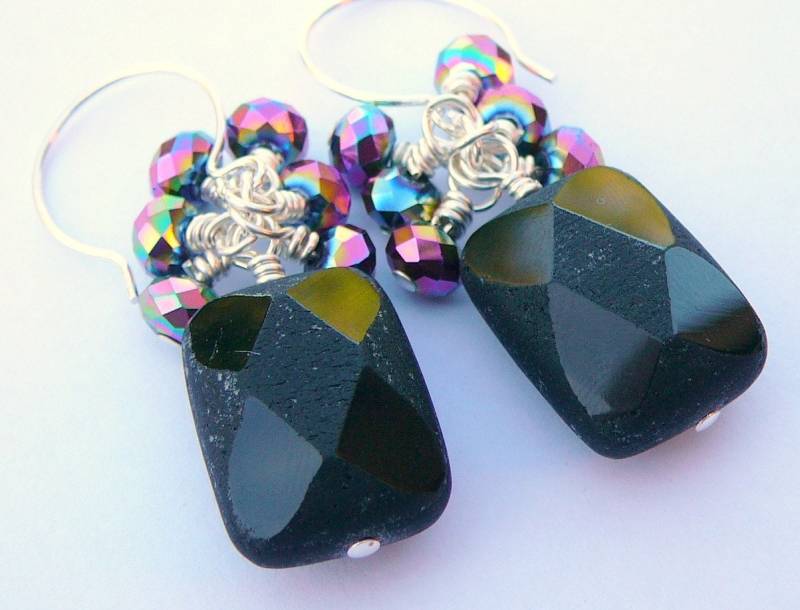 sterling Silberdraht Umwickelt Ohrringe Mit Raue Und Glatte Schwarze Achat Begleitet Pfau Glaskristallen von BeadsMe