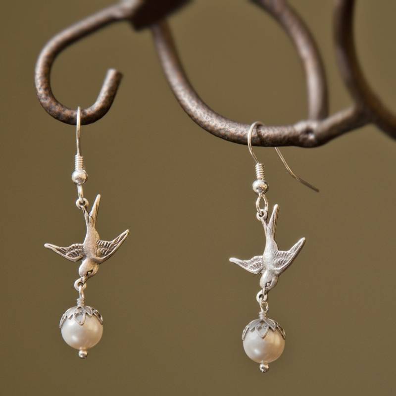 Kleiner Spatz Ohrringe, Tropfen Geschenk, Brautschmuck, Silber Und Weiss Perlen von BeadsStory