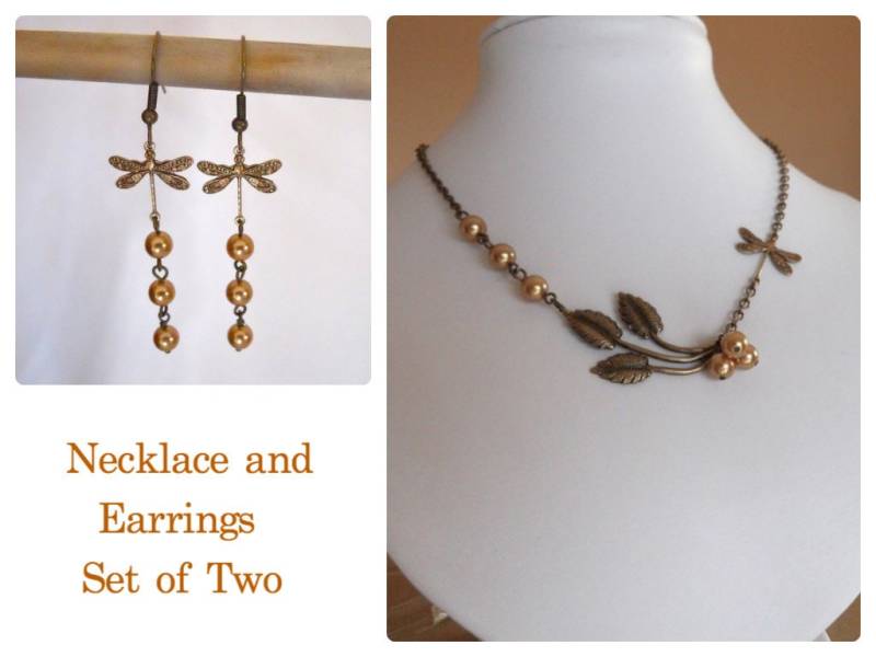 Schmuck-Set Mit 2 Halskette Und Ohrringe, Zweig Halskette, Libelle, Libelle Anhänger, Tropfen Cluster, Baumeln Ohrringe von BeadsStory