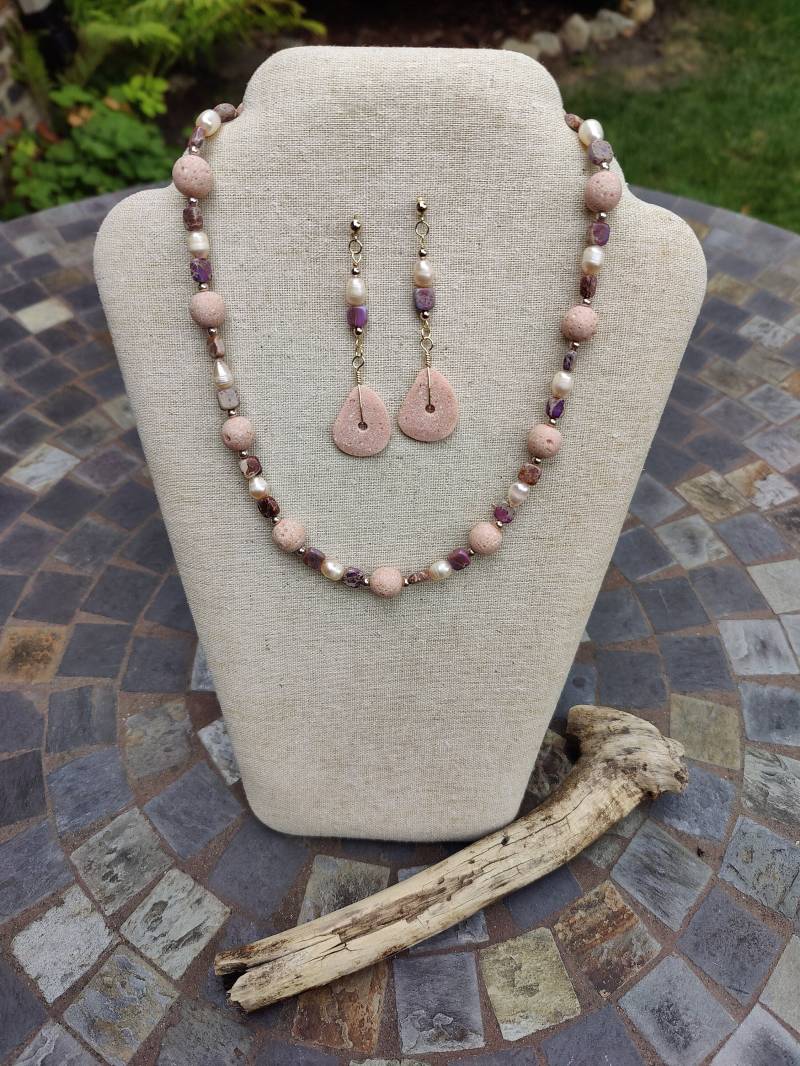 Sandstein, Jaspis & Zuchtperle Perlen Halskette Set Sandstein, Jaspis & Zuchtperle Perlen Halskette Set von BeadwiredDesigns