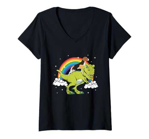 Damen Beagle Hund Dino Dinosaurier Tyrannosaurus T-Rex Regenbogen T-Shirt mit V-Ausschnitt Damen Beagle Hund Dino Dinosaurier Tyrannosaurus T-Rex Regenbogen T-Shirt mit V-Ausschnitt von Beagle Dino Action