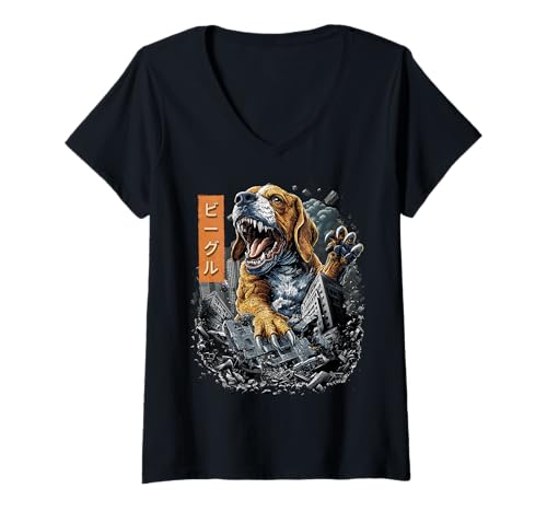 Damen Lustiger Beagle-Hund Kaiju Monster Japanisch T-Shirt mit V-Ausschnitt von Beagle Dog Kaiju Monster Clothing