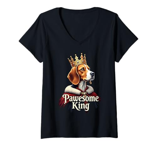 Damen Lustige Pawesome Beagle King Dog Art T-Shirt mit V-Ausschnitt von Beagle Fun Designs
