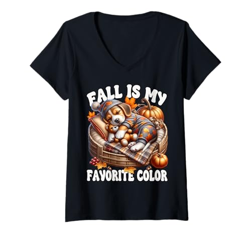 Damen Autumn Beagle Dog for Puppy Lover Fall is My Favorite Color T-Shirt mit V-Ausschnitt von Beagle Gifts For Beagle Lovers And Fall Puppy Mom