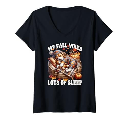 Damen Fall Puppy Beagle Dog Graphic for Women with Fall Sayings T-Shirt mit V-Ausschnitt von Beagle Gifts For Beagle Lovers And Fall Puppy Mom