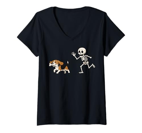 Damen Beagle Skelett Hand Halloween T-Shirt mit V-Ausschnitt Damen Beagle Skelett Hand Halloween T-Shirt mit V-Ausschnitt von Beagle Halloweenkostüm Lustig