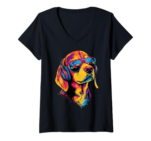 Damen Beagle mit Sonnenbrille Beagles Welpe Süßer English Beagle T-Shirt mit V-Ausschnitt von Beagle Liebhaber Motiv für Frauchen & Herrchen