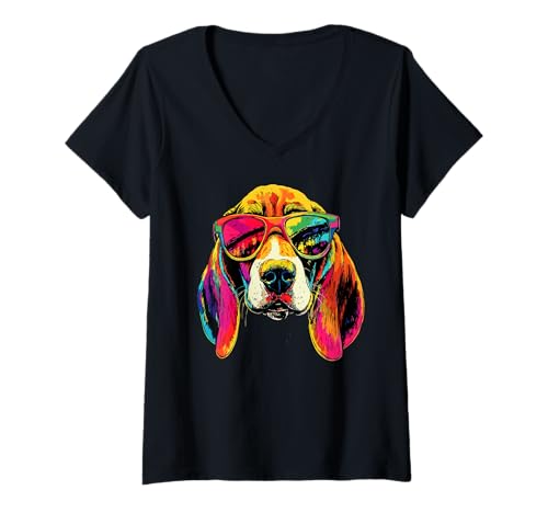Damen Beagle mit Sonnenbrille Beagles Welpe Süßer English Beagle T-Shirt mit V-Ausschnitt von Beagle Liebhaber Motiv für Frauchen & Herrchen