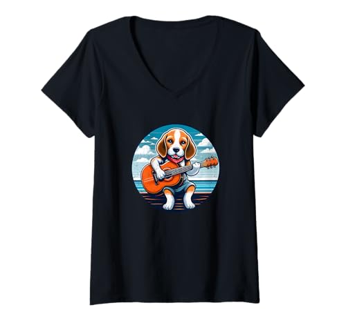 Damen Beagle spielt Gitarre Cartoon T-Shirt mit V-Ausschnitt Damen Beagle spielt Gitarre Cartoon T-Shirt mit V-Ausschnitt von Beagle Playing Guitar Cartoon Collection