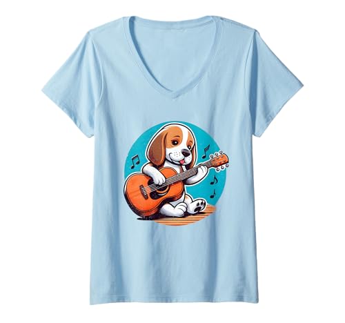 Damen Beagle spielt Gitarre Cartoon T-Shirt mit V-Ausschnitt Damen Beagle spielt Gitarre Cartoon T-Shirt mit V-Ausschnitt von Beagle Playing Guitar Cartoon Collection
