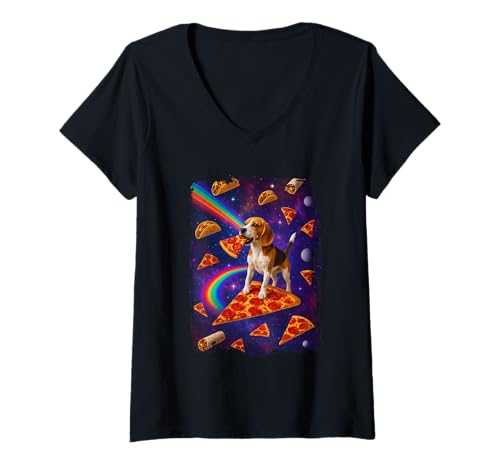 Damen Beagle Taco Burrito Space T-Shirt mit V-Ausschnitt Damen Beagle Taco Burrito Space T-Shirt mit V-Ausschnitt von Beagle Space Pizza