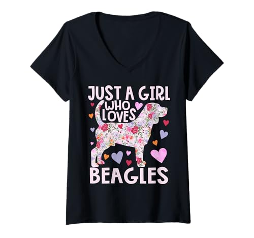 Damen Beagle Just A Girl Who Loves Beagles Hundeblume mit Blumenmuster T-Shirt mit V-Ausschnitt von Beagle dog Just A Girl Who Loves Beagles Design