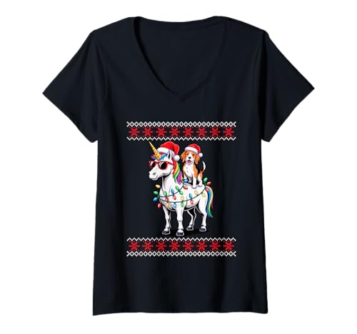Damen Christmas Beagle Unicorn Sunglasses Beagles T-Shirt mit V-Ausschnitt von Beagles Beagle Lover Gifts