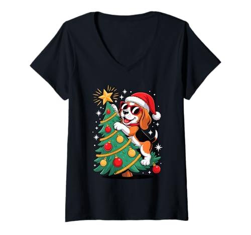 Damen Christmas Tree Beagle Sunglasses Beagles T-Shirt mit V-Ausschnitt Damen Christmas Tree Beagle Sunglasses Beagles T-Shirt mit V-Ausschnitt von Beagles Beagle Lover Gifts