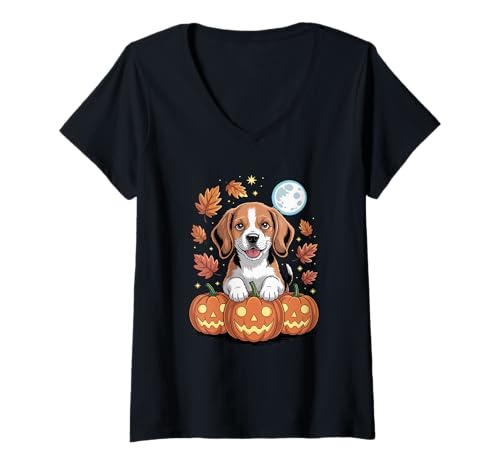 Damen Halloween Beagle Kürbis Beagles T-Shirt mit V-Ausschnitt von Beagles Beagle Lover Gifts