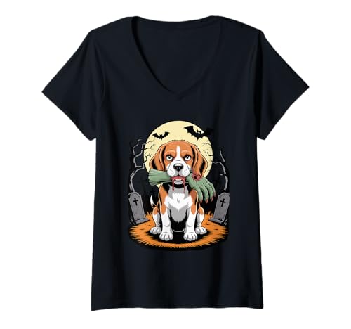 Damen Halloween Mond Zombie Hand Beagle Beagles Laufhund T-Shirt mit V-Ausschnitt von Beagles Beagle Lover Gifts
