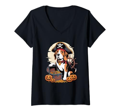 Damen Halloween Pirate Beagle Treasure Beagles T-Shirt mit V-Ausschnitt von Beagles Beagle Lover Gifts