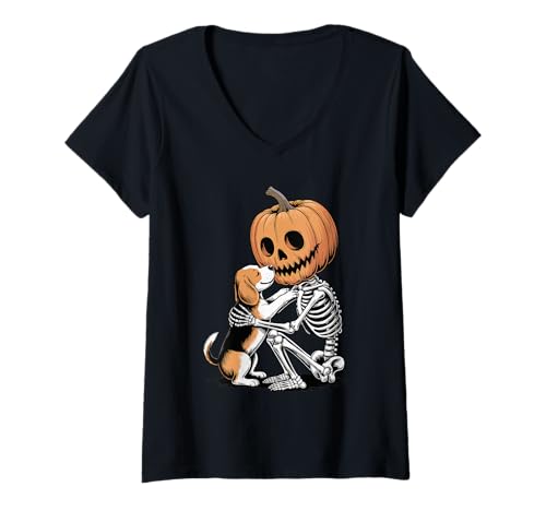 Damen Halloween Skeleton Beagle Beagles T-Shirt mit V-Ausschnitt von Beagles Beagle Lover Gifts