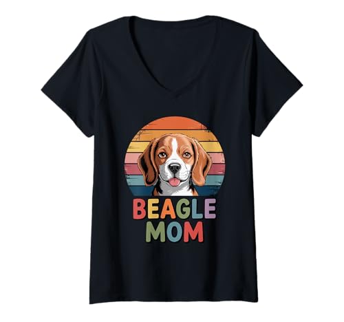 Damen Retro Sonnenuntergang Beagle Mom Beagles T-Shirt mit V-Ausschnitt von Beagles Beagle Lover Gifts