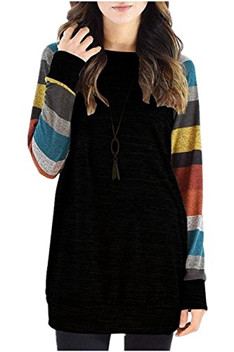 Beaii Damen Langarm Gestreift Strick Lose Oversize Bluse Langshirt T-Shirt Hemd Oberteil Tops, L, Schwarz Orange von Beaii