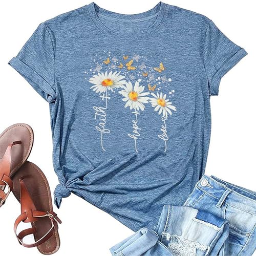 Christian Faith Shirts für Damen, Schmetterlings-Gänseblümchen-Grafik, lässiges T-Shirt, Blau (Ink Blue), Mittel von Bealatt