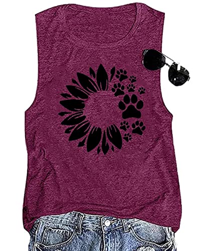 Damen-Tanktop mit Sonnenblume, Hundepfoten, ärmellos, Sommer, lustig, Workout-Top, niedlich, lässig, Urlaubs-Shirt, violett, Groß von Bealatt