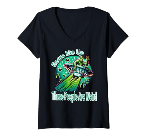 Damen Beam Me Up Alien UFO Outdoor Humor Abenteuer T-Shirt mit V-Ausschnitt von Beam Me Up Bigfoot Fun Vibes Cosmic Humor