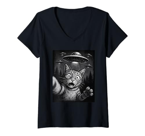 Damen UFO Katze Selfie Lustige Alien Entführung Vlog Weltraum Meme Art T-Shirt mit V-Ausschnitt Damen UFO Katze Selfie Lustige Alien Entführung Vlog Weltraum Meme Art T-Shirt mit V-Ausschnitt von Beam Meow Up Designs