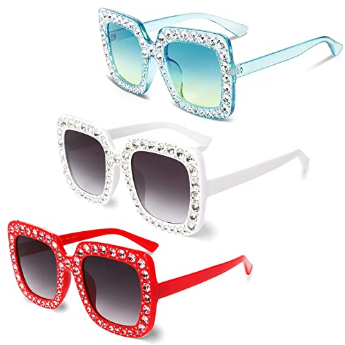 3 Stück übergroße rechteckige Strass-Sonnenbrille, Unisex, dicker Rahmen, glitzernde Diamant-Sonnenbrille, funkelnde Retro-Sonnenbrille für Männer, Frauen, Mädchen, Blau, Rot von Beamely