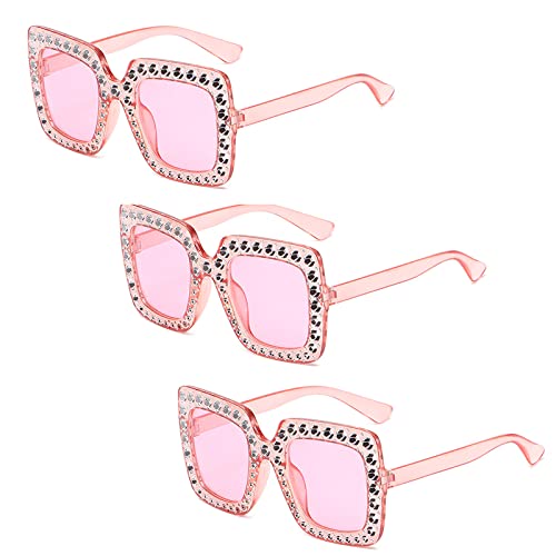 3 Stück übergroße rechteckige Strass-Sonnenbrille, Unisex, dicker Rahmen, glitzernde Diamant-Sonnenbrille, funkelnde Retro-Sonnenbrille für Männer, Frauen, verkleidet Kleidungszubehör, 3xHellrosa von Beamely