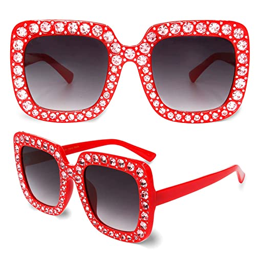 Beamely Übergroße rechteckige Strass-Sonnenbrille, Unisex dicker Rahmen Sonnenbrille Bling Diamant Sonnenbrille Funkelnde Retro Sonnenbrille für Männer Frauen Mädchen Verkleiden Kleidung Zubehör, rot von Beamely