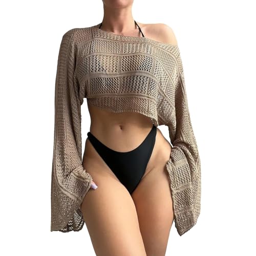 Beamuse Badeanzug Cover Ups für Damen, schulterfrei, hohles Oberteil, langärmelig, Bademode, Strand-Bikini, mokkabraun, Small Beamuse Badeanzug Cover Ups für Damen, schulterfrei, hohles Oberteil, langärmelig, Bademode, Strand-Bikini, mokkabraun, Small von Beamuse