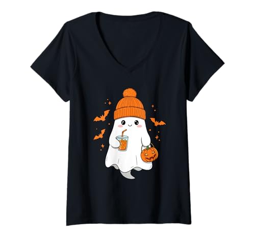 Damen Süße Halloween-Mütze mit Gespenst und Kürbisgewürz T-Shirt mit V-Ausschnitt von Beanie Ghost Cute Halloween Costume for Women
