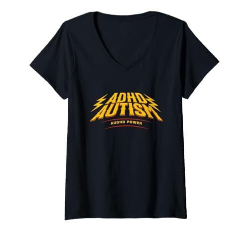 Damen Audhd Power Autismus ADHS Awareness Lightning Bolts Streetwear T-Shirt mit V-Ausschnitt Damen Audhd Power Autismus ADHS Awareness Lightning Bolts Streetwear T-Shirt mit V-Ausschnitt von Beans Hot Tees