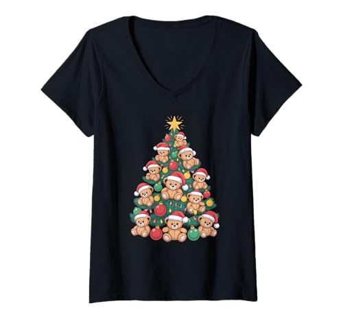 Damen Teddybär Weihnachtsbaum T-Shirt mit V-Ausschnitt von Bear Christmas Tree Clothing