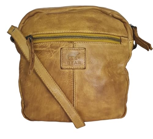 Bear Design Damen Umhängetasche Leder,Messenger, Crossbody Vinatge Leder, Ledertasche Used Look, Schultertasche klein 22/19/5 cm (Tan) von Bear Design