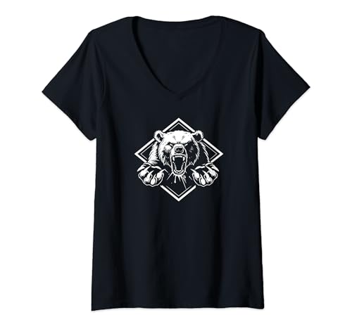 Damen Angry Bear Grizzly Bears Wildlife Mountains Animal T-Shirt mit V-Ausschnitt von Bear Everywhere