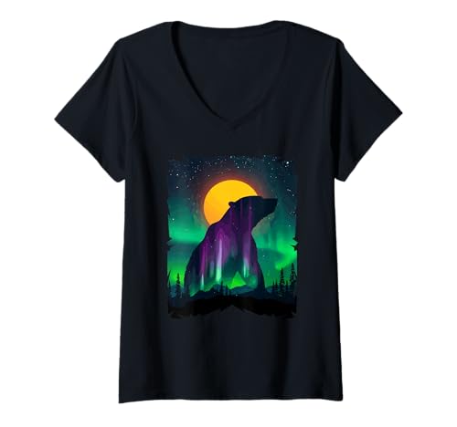 Damen Bear North Night Dark Grizzly Forest Gabel T-Shirt mit V-Ausschnitt Damen Bear North Night Dark Grizzly Forest Gabel T-Shirt mit V-Ausschnitt von Bear Freedom Paw Wilderness River Salmon